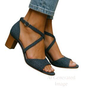 Talbots GISELA Leather Denim Cross Strap Stacked Block Heels Sandals Size 9.5 M